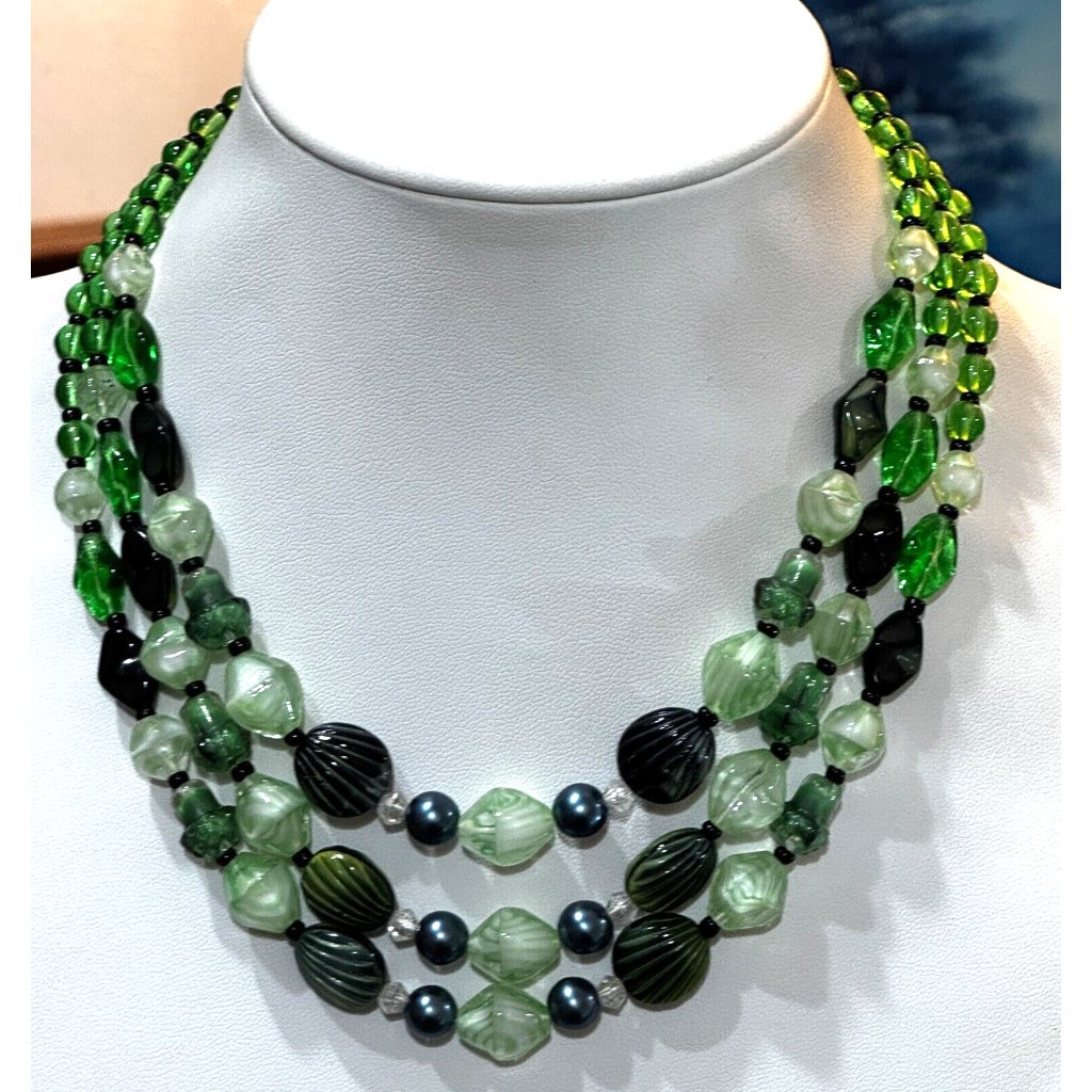 Vintage West Germany Green Glass Marbled Swirled Gray Shell Multistrand Necklace 60$